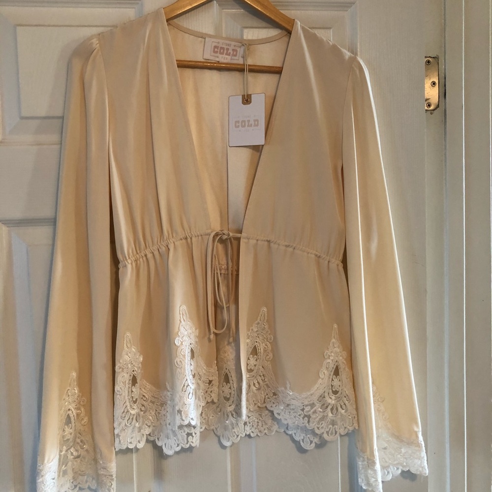 New Stone cold fox silk & lace tie front blouse